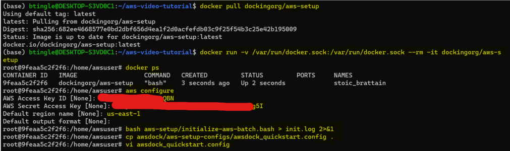 Example session depicting pulling the aws-setup image, running it, authenticating with AWS, and initializing the account.